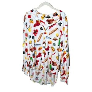 Jane And Delancey Button Up All Over Print Shirt Size L Picnic Food Euro Vaca